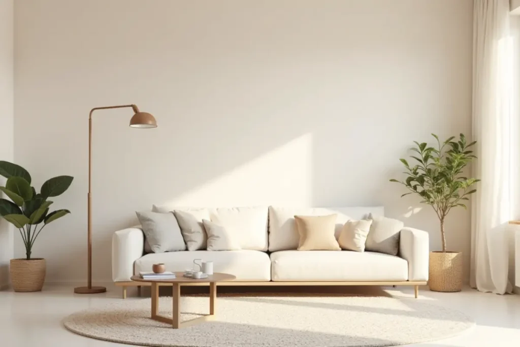 Sala pequeña con pocos colores claros para evitar saturación visual