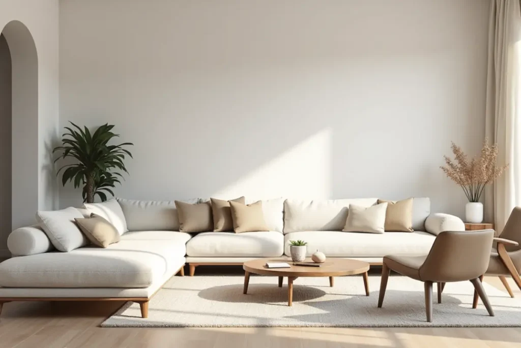 Sala bonita moderna con diseño sencillo y colores neutros