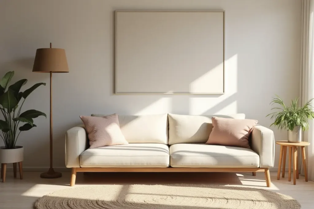 Sala pequeña con muebles bajos que amplían visualmente el espacio.