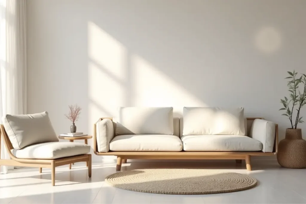 Sala pequeña con colores claros y madera que amplían el espacio visual