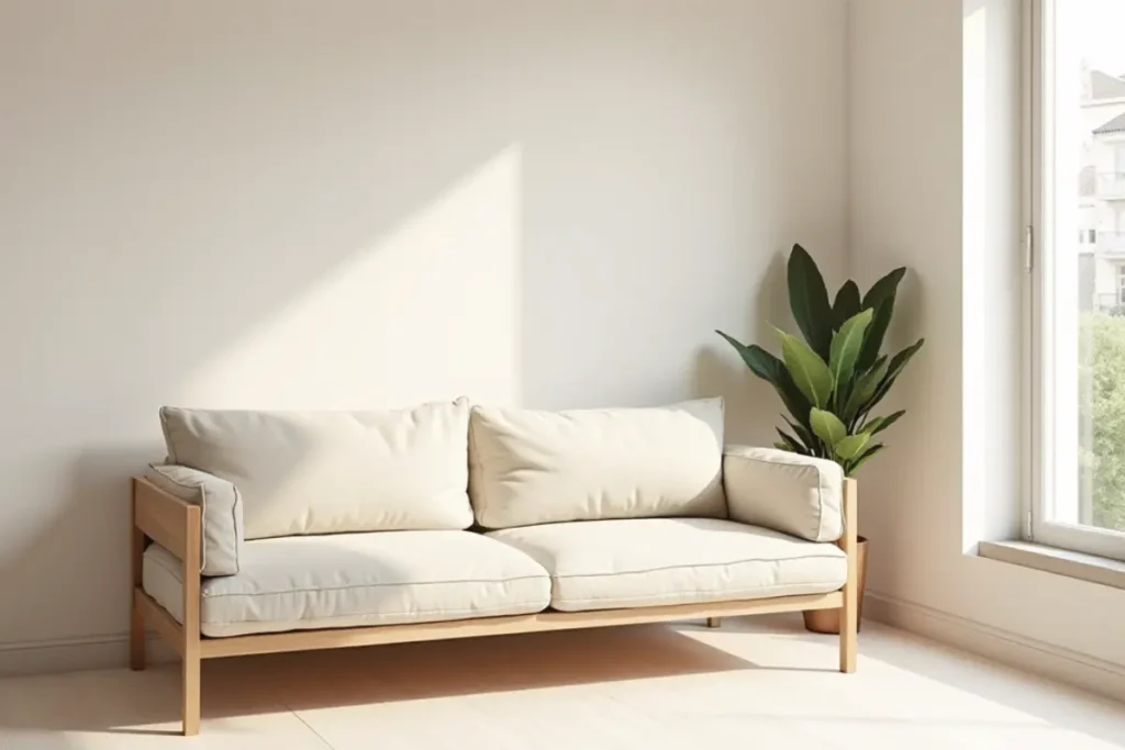 Sofá claro y compacto ideal para salas pequeñas con poco espacio