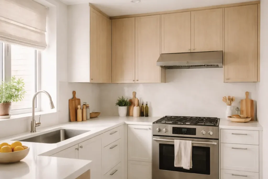 Cocina pequeña moderna con muebles compactos, tonos claros y diseño funcional.