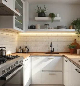 Cocina pequeña con soluciones de almacenamiento inteligente.