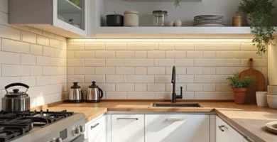 Cocina pequeña con soluciones de almacenamiento inteligente.