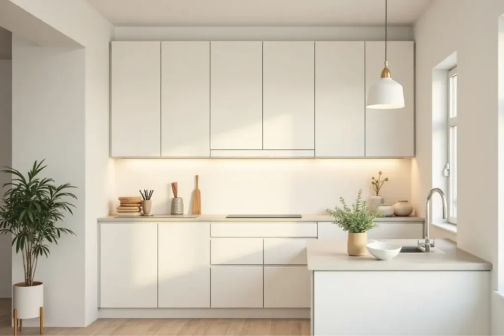 Cocina pequeña en tonos claros con sensación de amplitud y luminosidad