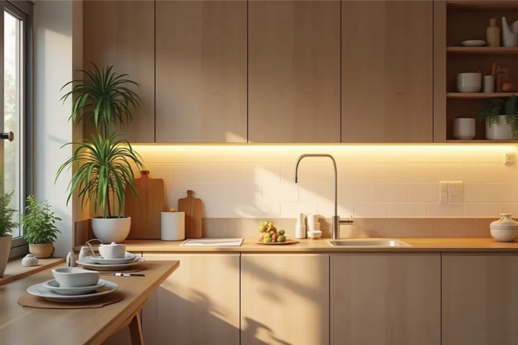 Cocina pequeña con iluminación cálida y bien distribuida.