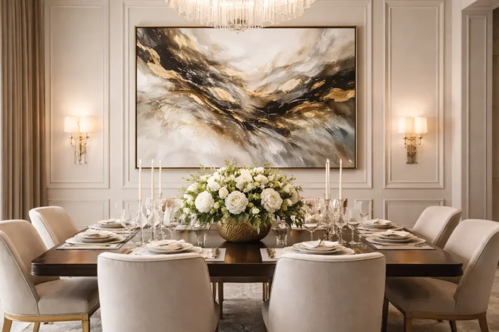 Comedor elegante decorado con cuadro sofisticado y centro de mesa refinado