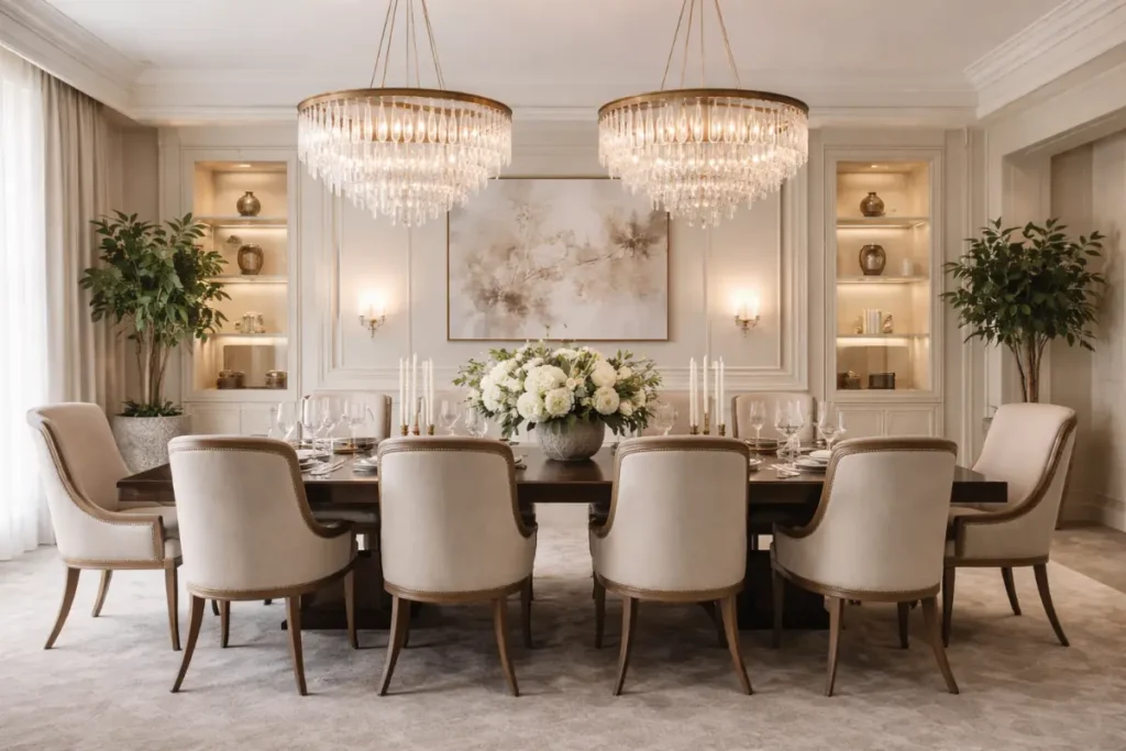 Comedor elegante con mesa amplia y sillas tapizadas