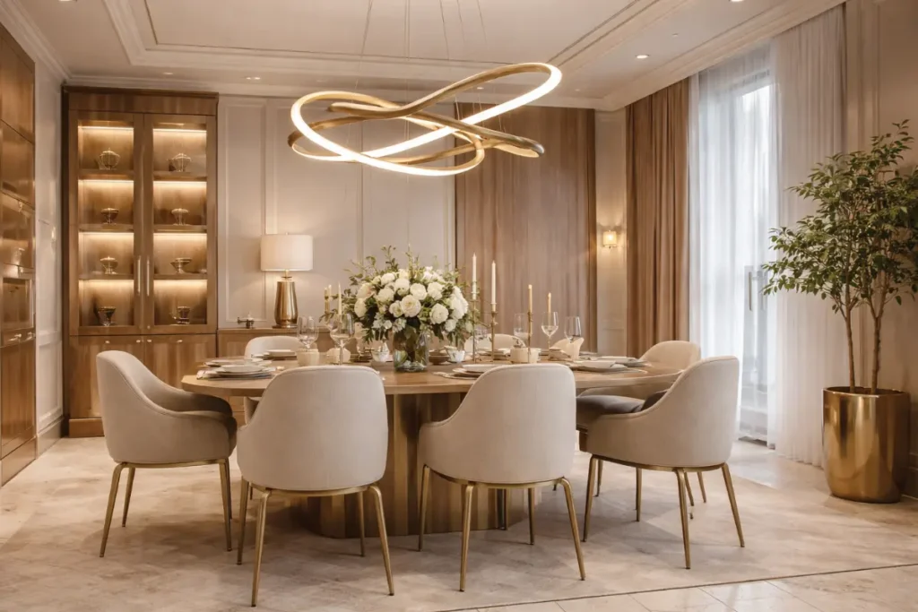 Comedor elegante en tonos neutros con madera natural y detalles metálicos