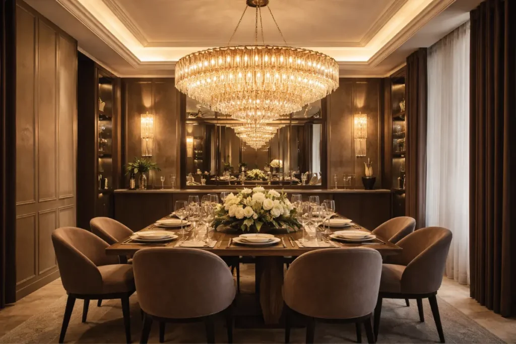 Comedor elegante con lámpara colgante decorativa y luz cálida