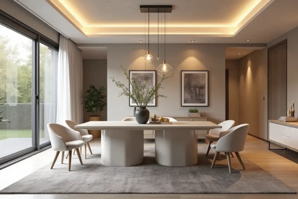 Comedor mediano decorado con cuadro grande, 