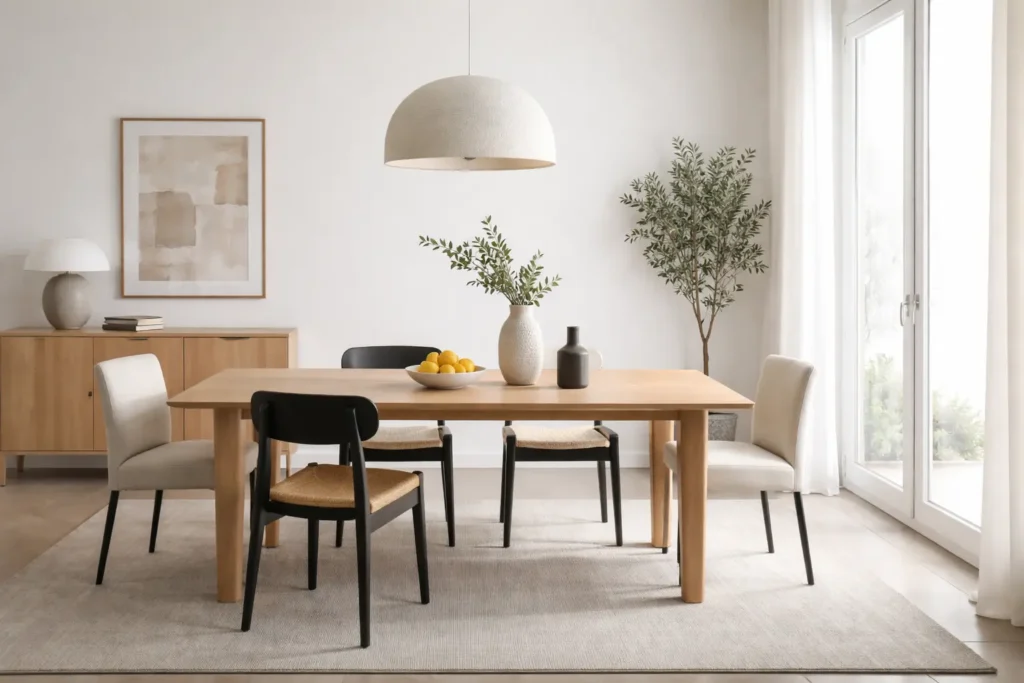 Comedor minimalista con pocos elementos y líneas limpias, espacio ordenado y luminoso con diseño funcional.