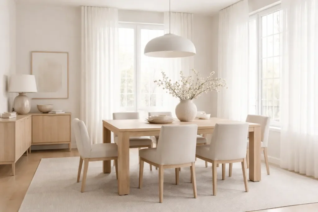 Comedor minimalista en colores neutros, tonos blancos y beige que crean un ambiente sereno y equilibrado.