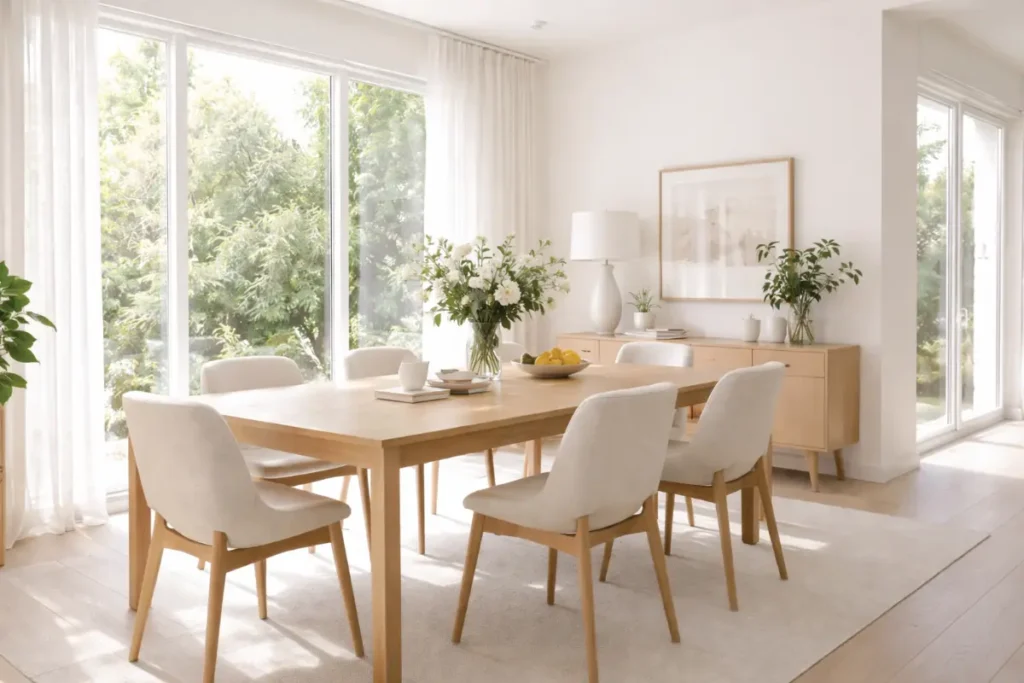 Comedor minimalista con abundante luz natural, espacio luminoso que resalta la sencillez del diseño.