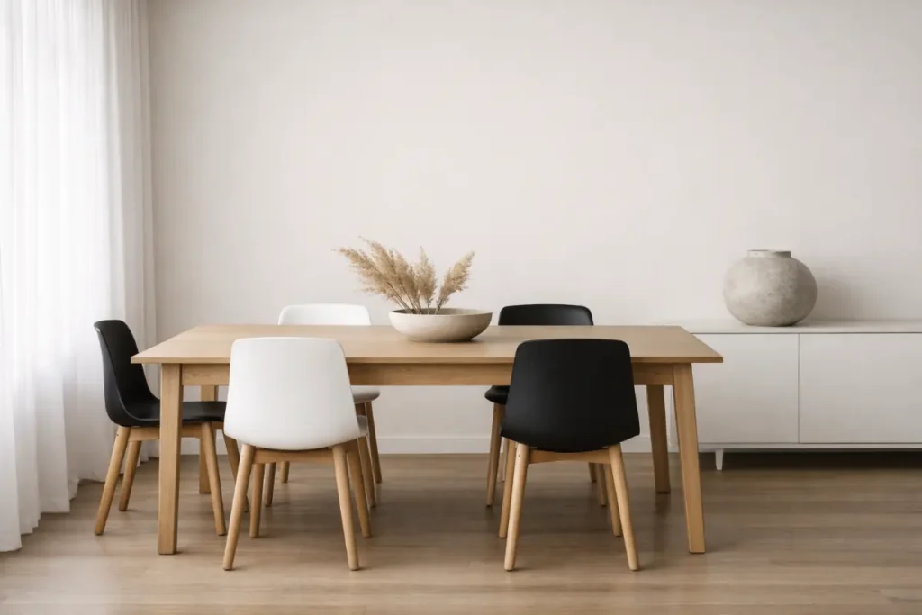 Comedor minimalista con decoración mínima, elementos decorativos sutiles que mantienen el equilibrio visual.