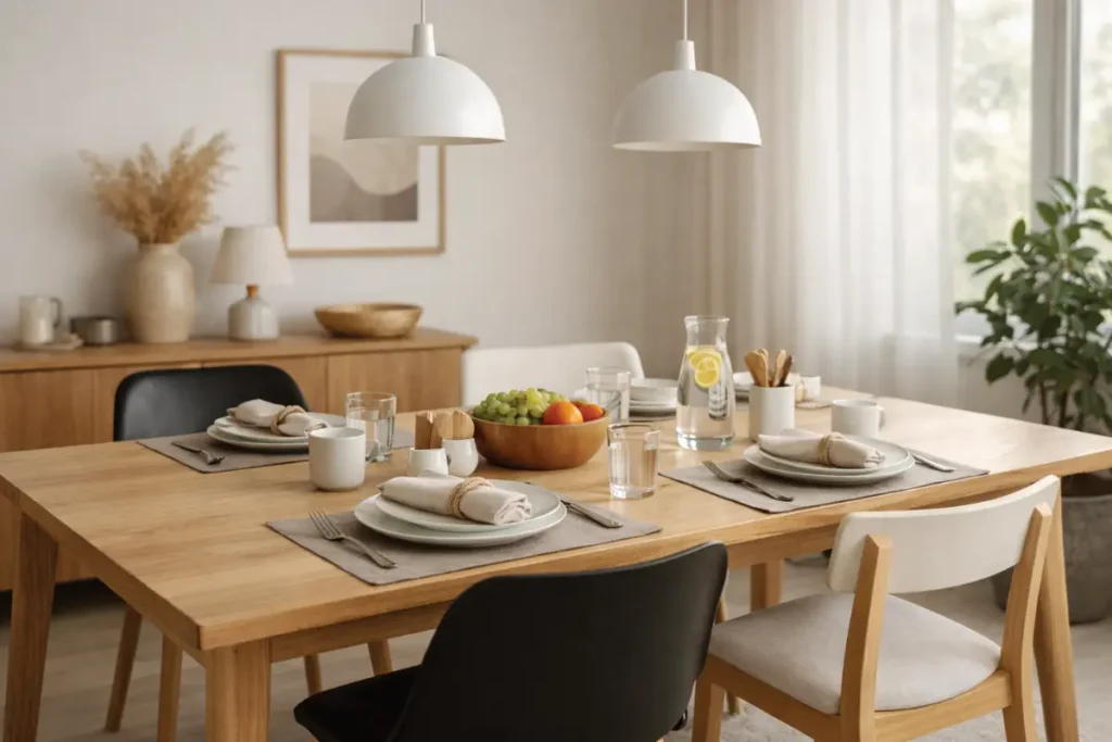 Comedor minimalista funcional preparado para el uso diario, ambiente contemporáneo y acogedor con luz natural.