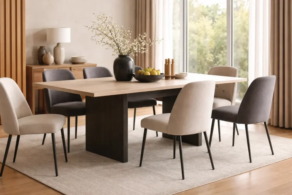 Comedor moderno con líneas limpias y diseño funcional, mesa contemporánea y sillas minimalistas en un espacio luminoso y ordenado.