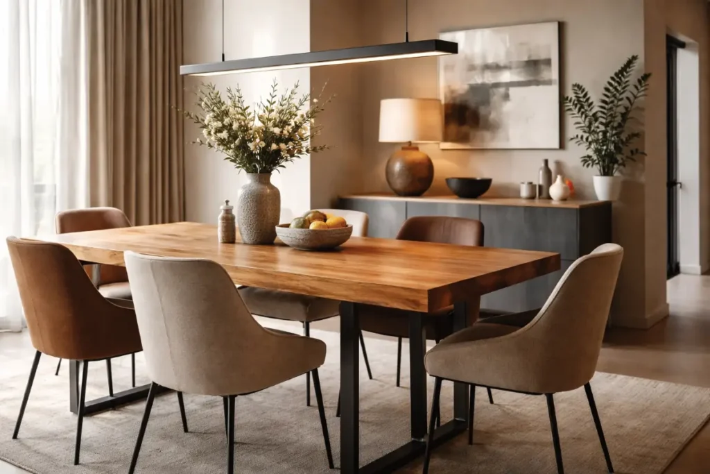 Detalle de comedor moderno con mesa de madera natural y estructura metálica, combinación de materiales contemporáneos con textura realista.
