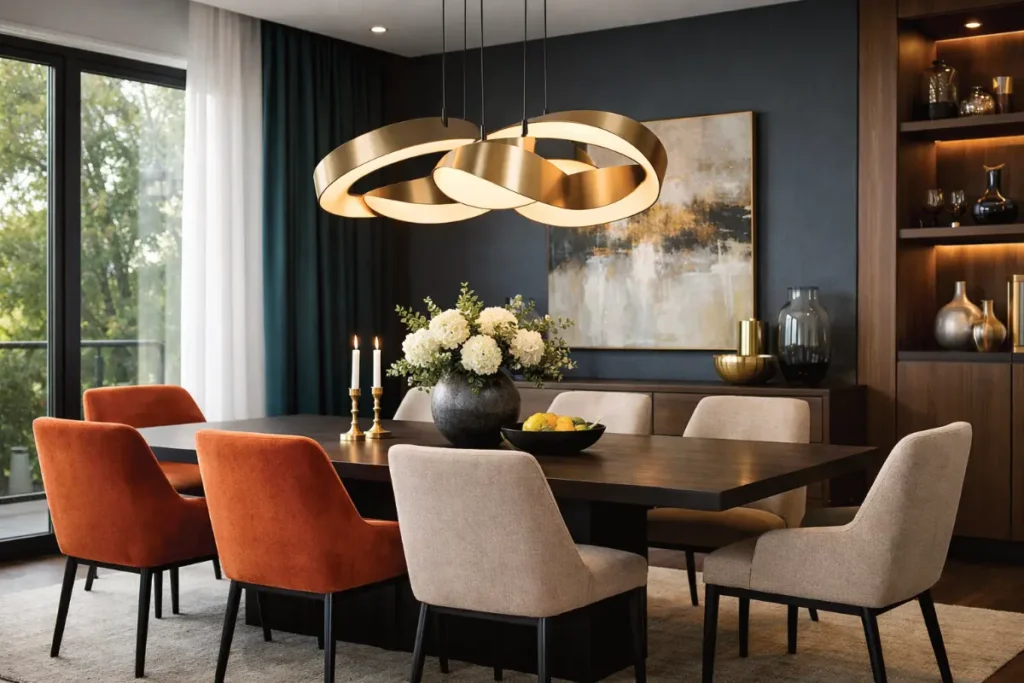 Comedor moderno con iluminación protagonista, lámpara colgante contemporánea sobre la mesa y luz natural creando un ambiente acogedor