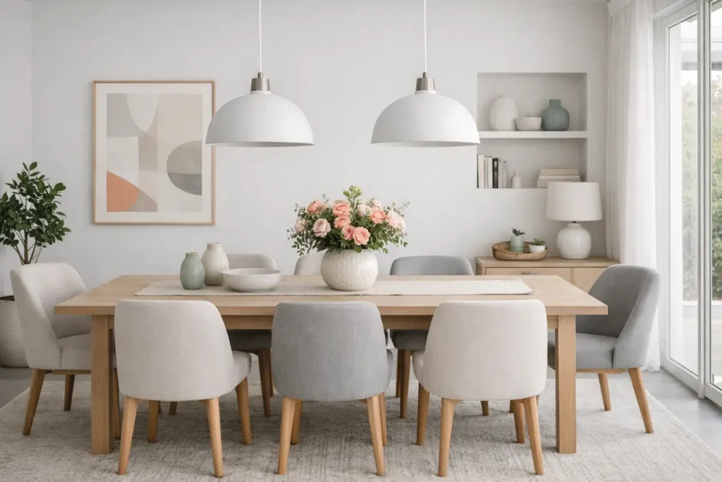Comedor moderno en tonos neutros con acentos de color sutiles, espacio equilibrado y elegante con iluminación natural suave.