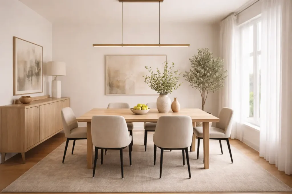 Comedor moderno con decoración minimalista, pocos elementos decorativos cuidadosamente seleccionados y sensación de orden visual.