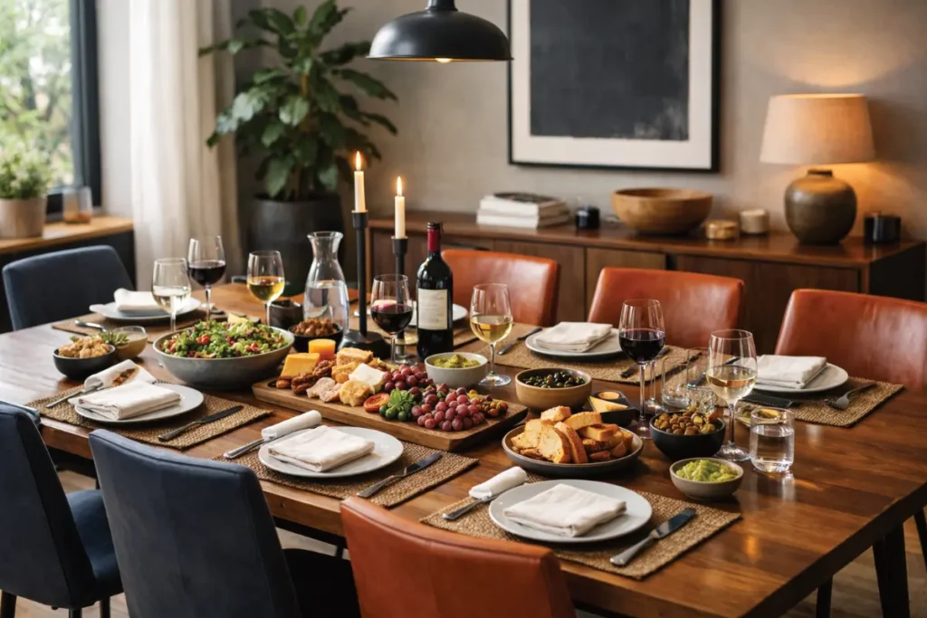 Comedor moderno preparado para compartir, mesa puesta en un ambiente contemporáneo, cálido y acogedor con luz natural.
