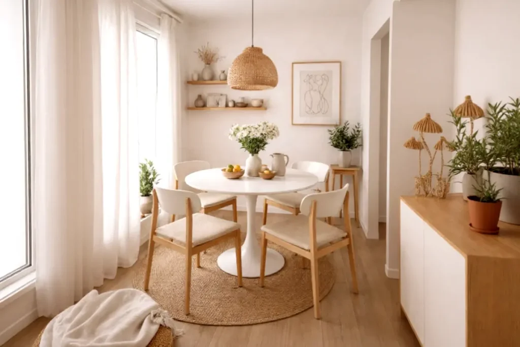Comedor pequeño moderno con mesa compacta, sillas ligeras, tonos claros