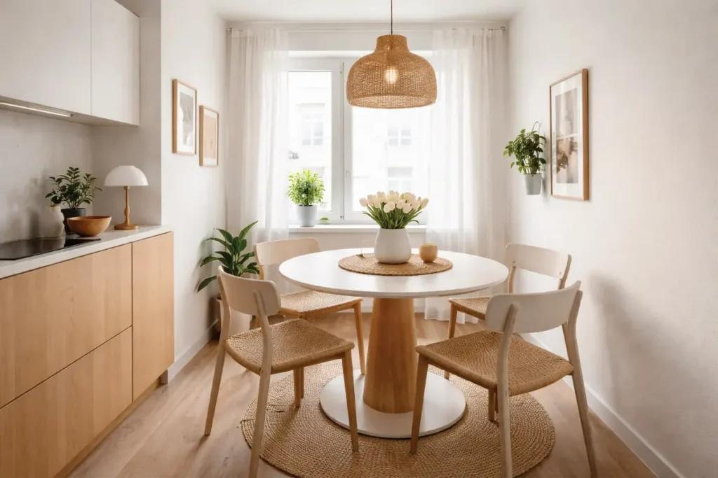 Comedor pequeño con mesa redonda y sillas ligeras,