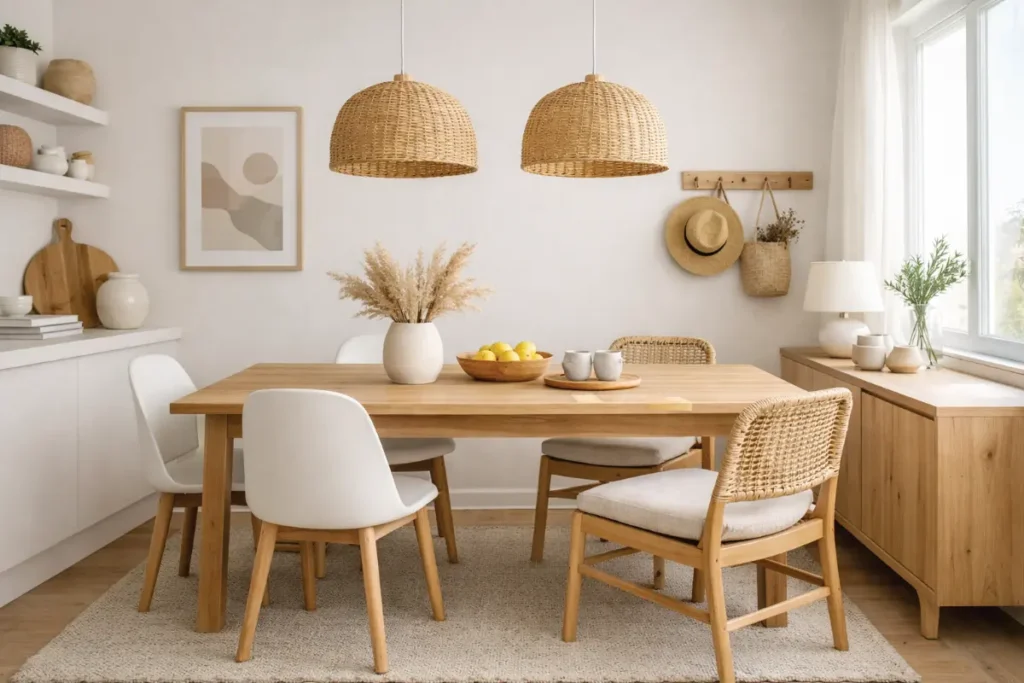 Comedor pequeño en tonos claros con madera natural