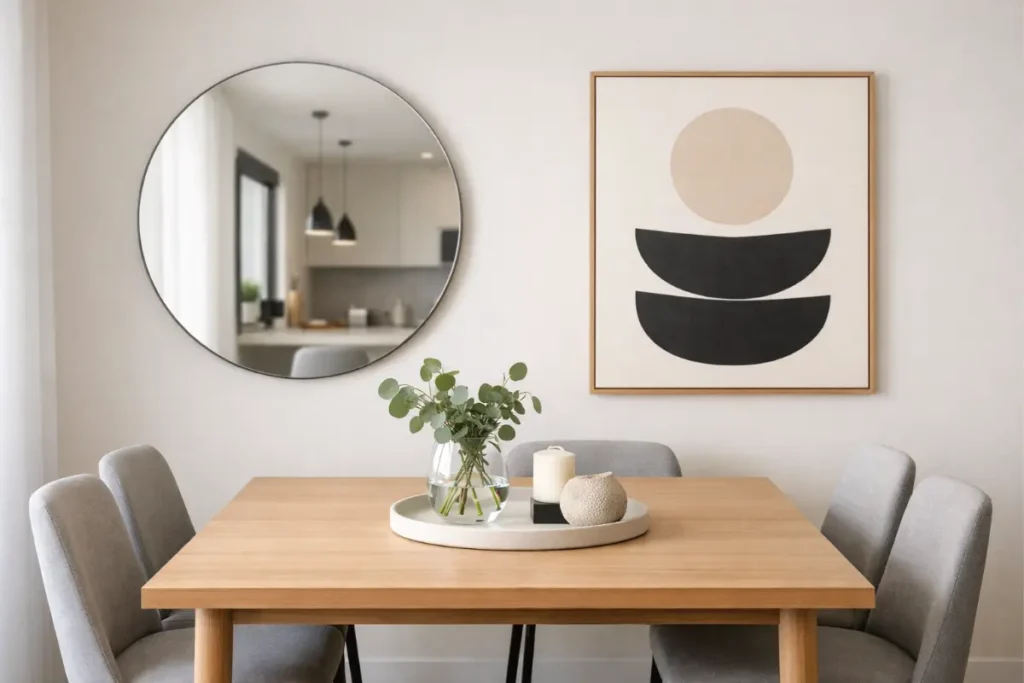 Comedor pequeño decorado con espejo Y cuadro minimalista