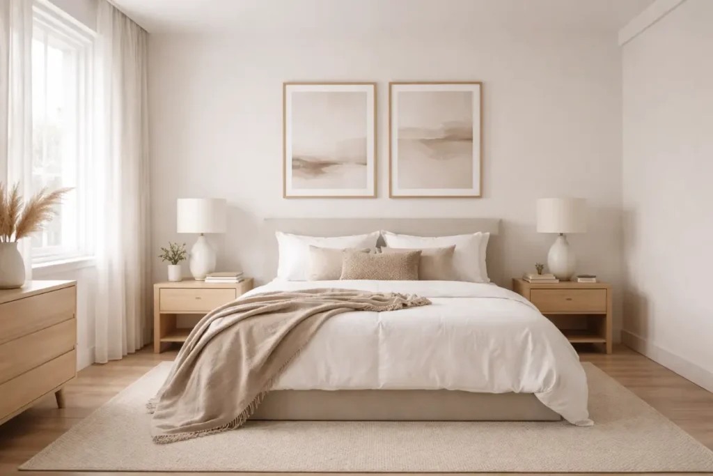 Dormitorio minimalista con diseño limpio, tonos neutros y ambiente sereno.