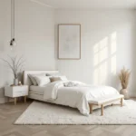 Dormitorio minimalista con diseño limpio, tonos neutros y ambiente sereno.