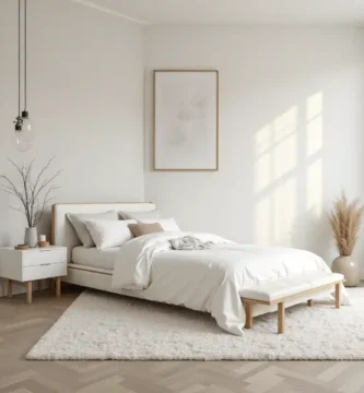 Dormitorio minimalista con diseño limpio, tonos neutros y ambiente sereno.