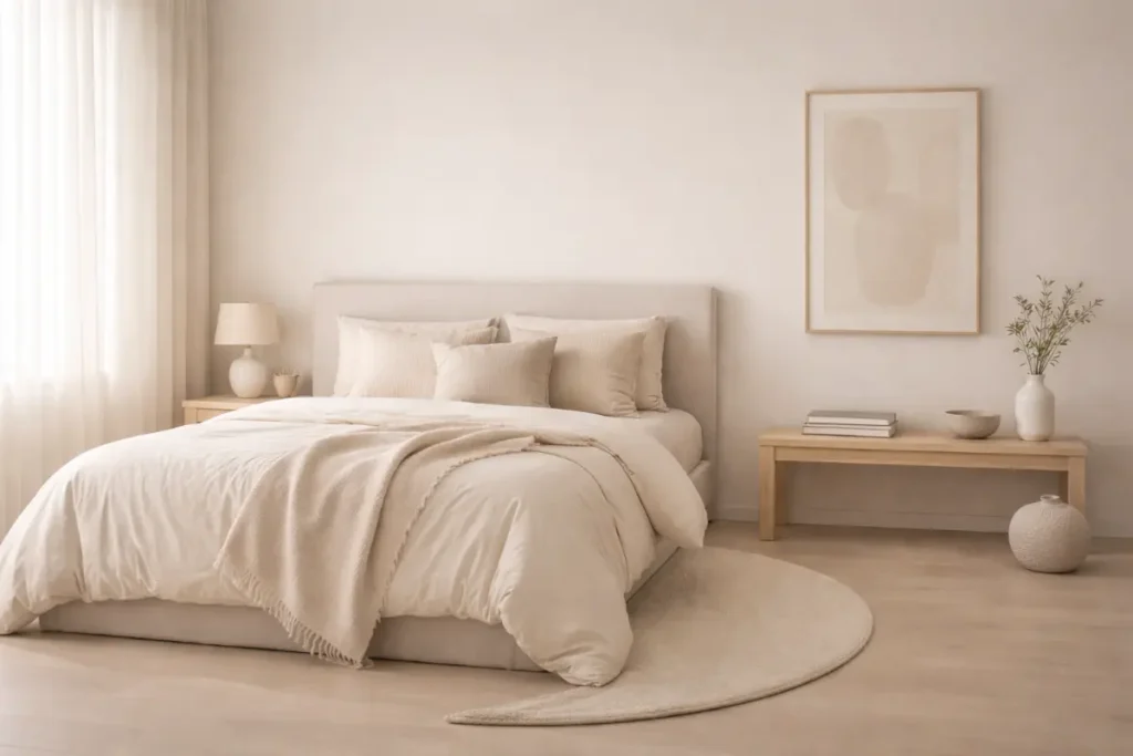 Dormitorio minimalista en tonos neutros con sensación de calma y equilibrio.