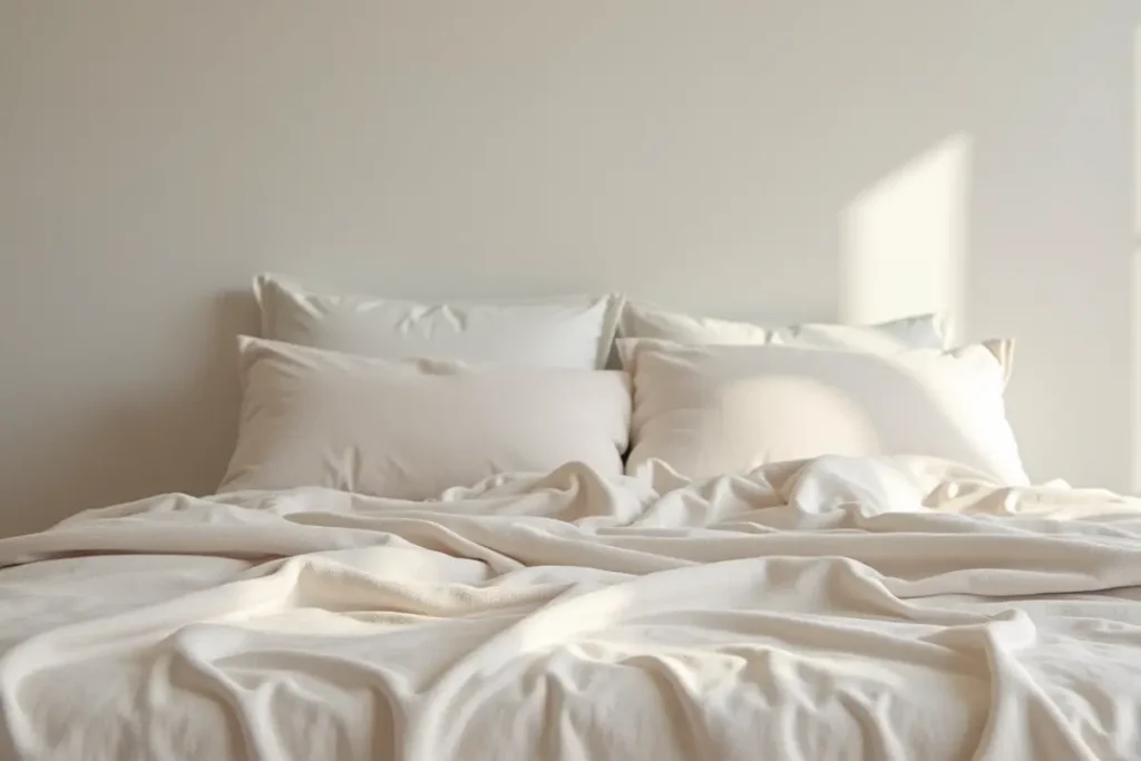 Dormitorio minimalista con textiles sencillos y ropa de cama en tonos neutros.