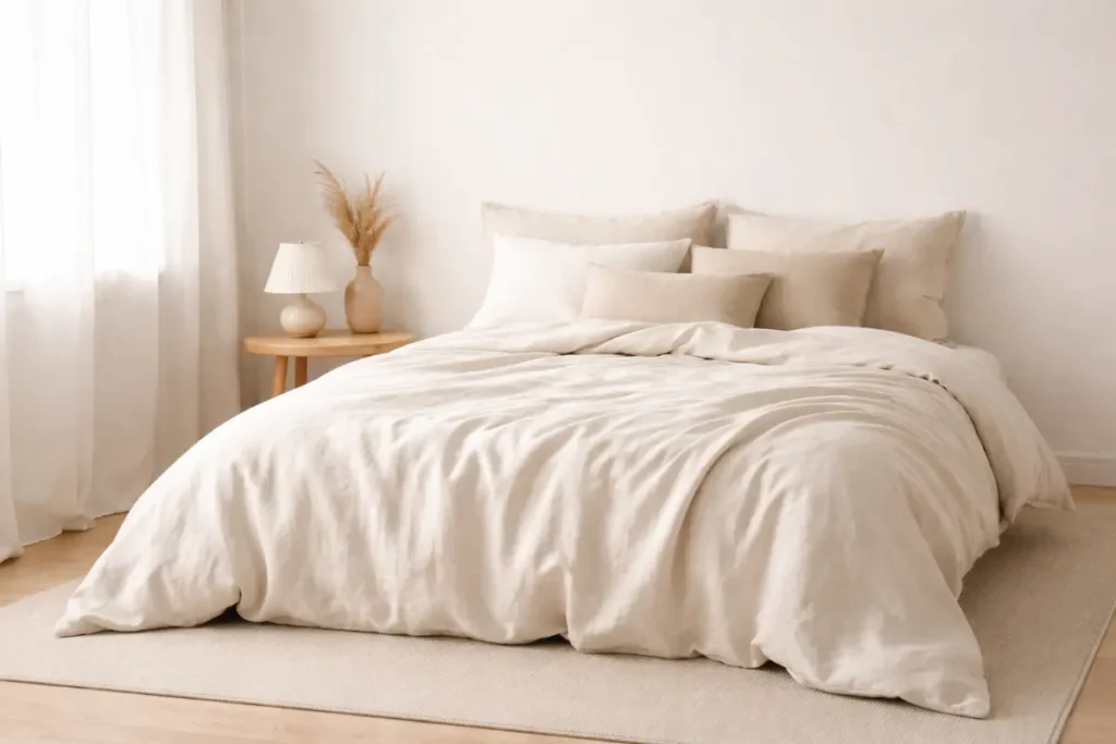 Dormitorio minimalista con textiles sencillos y ropa de cama en tonos neutros.