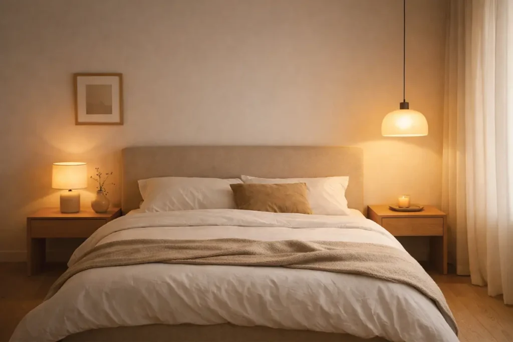 Dormitorio minimalista con iluminación suave y ambiente acogedor
