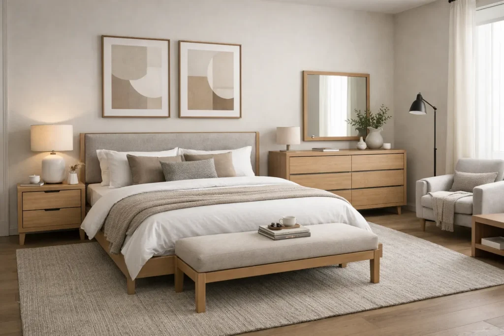 Dormitorio moderno con mobiliario funcional de líneas simples y diseño contemporáneo.