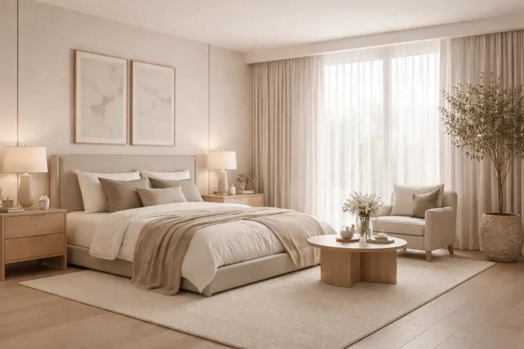Dormitorio moderno en tonos neutros con ambiente relajante y actual.