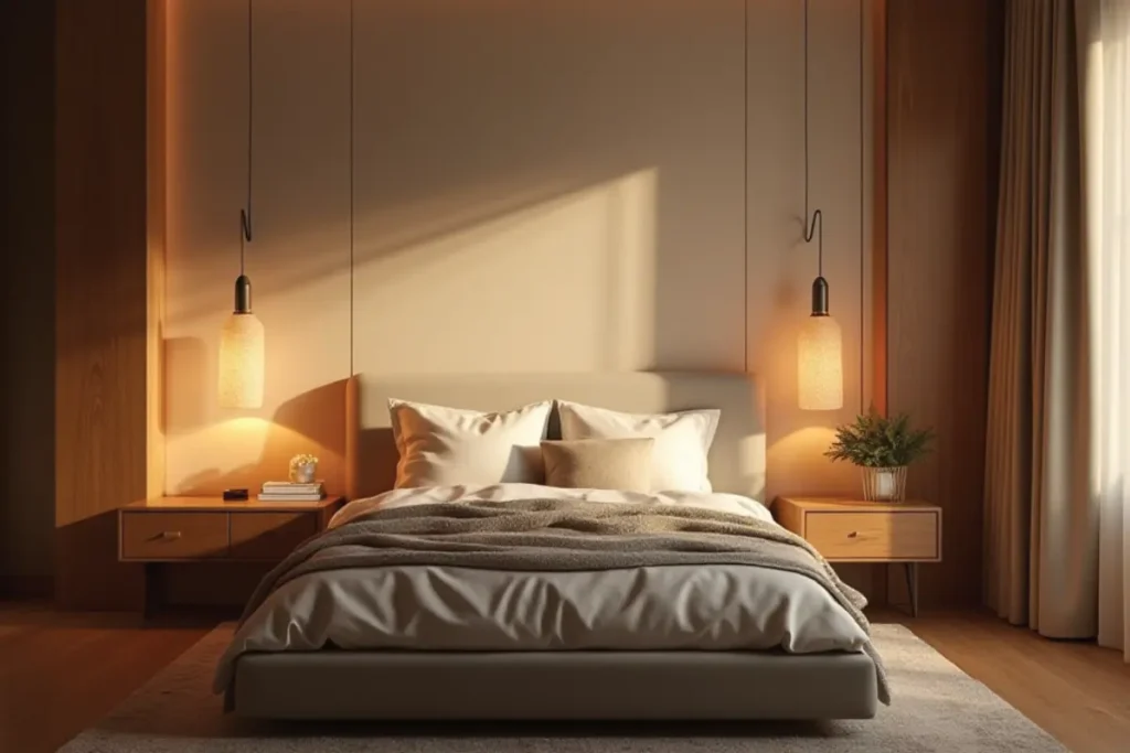 Dormitorio moderno con iluminación cálida y equilibrada, ambiente acogedor