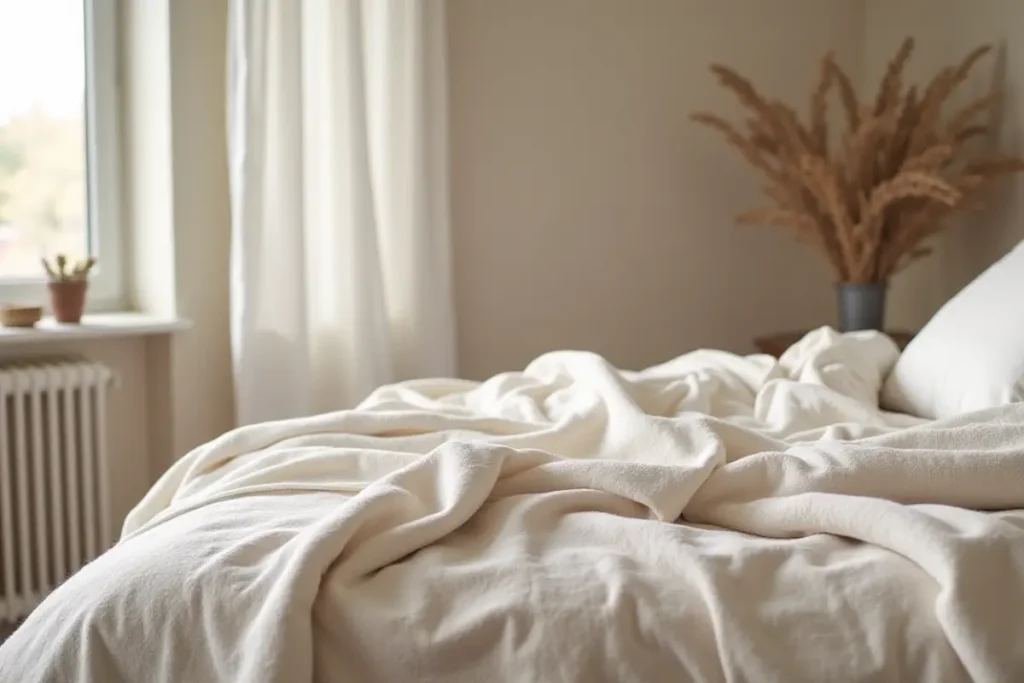 Dormitorio moderno con textiles suaves y ropa de cama en tonos neutros.