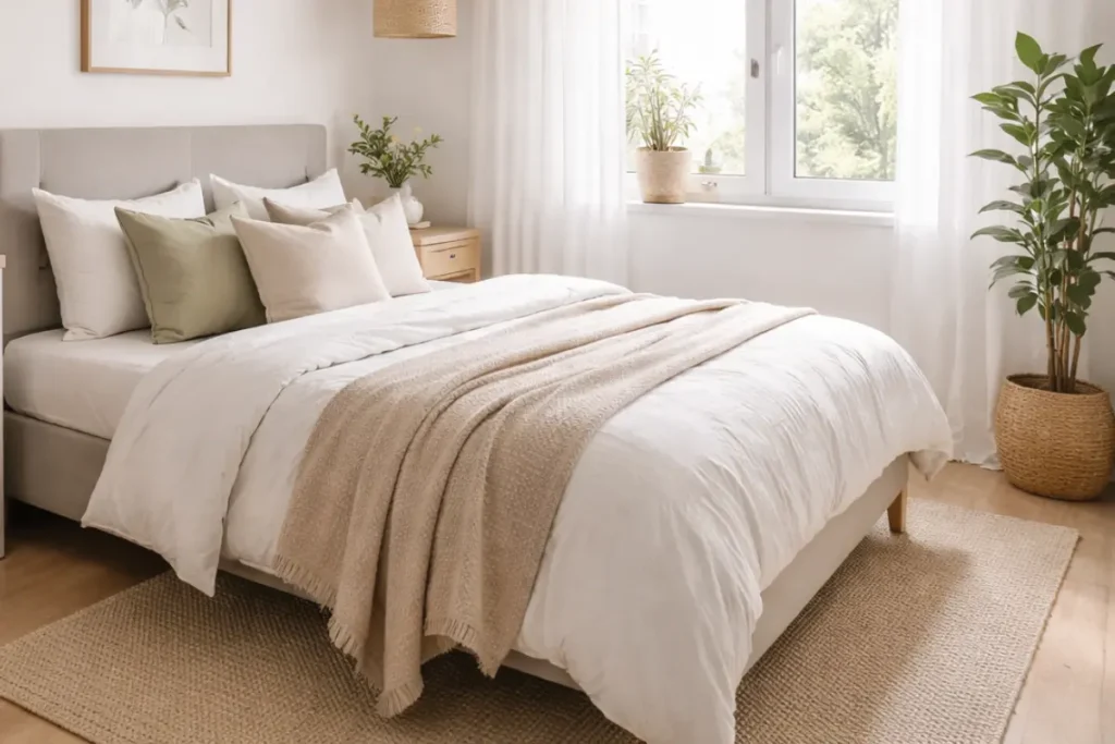 Dormitorio pequeño con diseño funcional, tonos claros y ambiente acogedor