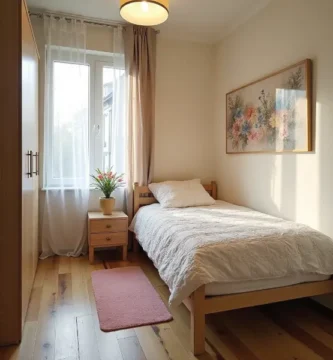 dormitorio pequeño moderno con cama y cubecama color blanco-al lado de una ventana iluminada