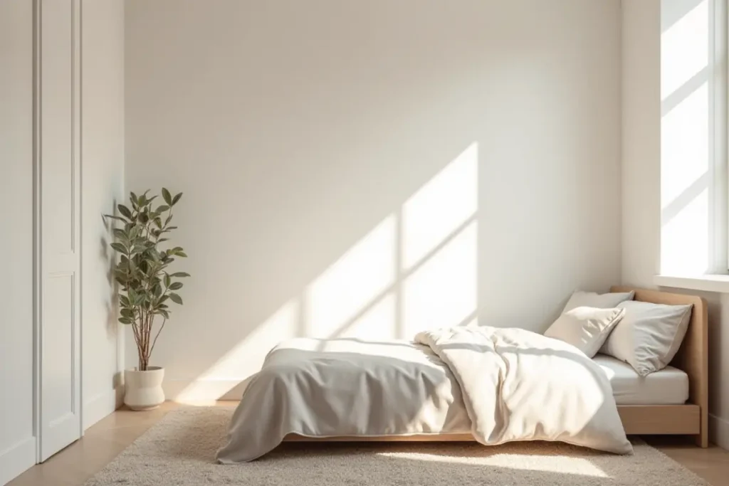 Dormitorio pequeño en tonos claros con sensación de amplitud y luminosidad.