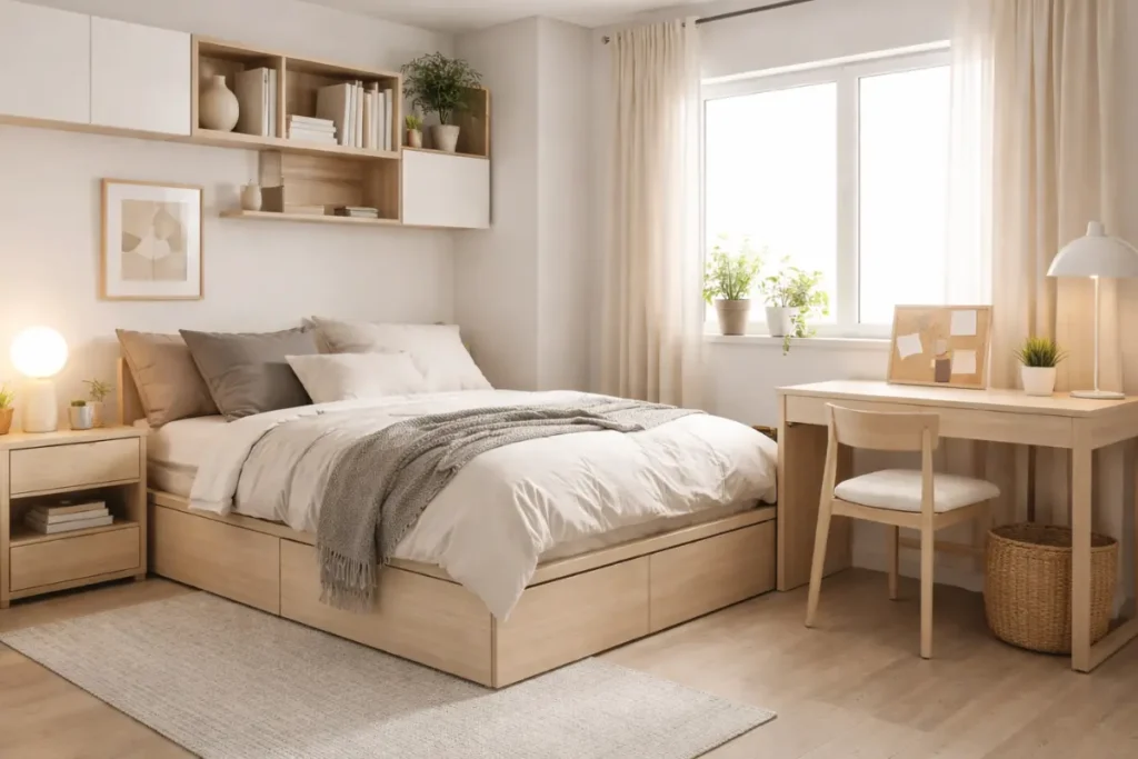 Dormitorio pequeño con mobiliario compacto y diseño funcional.