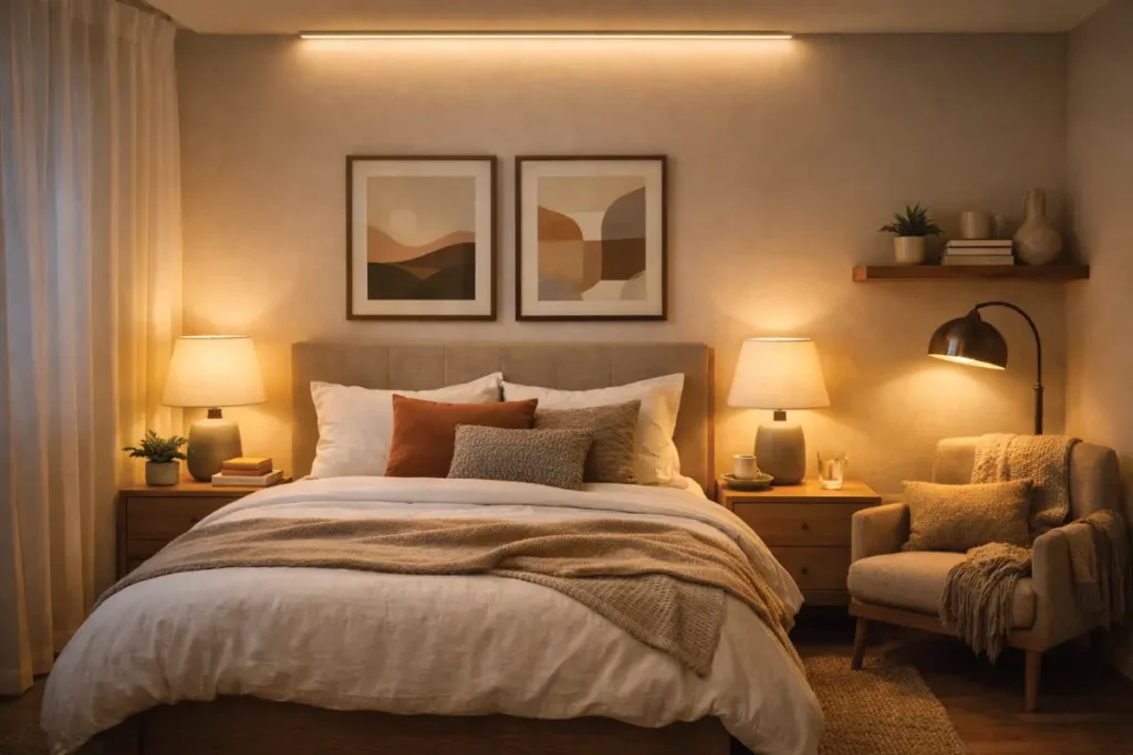 Dormitorio pequeño con iluminación suave y ambiente acogedor.