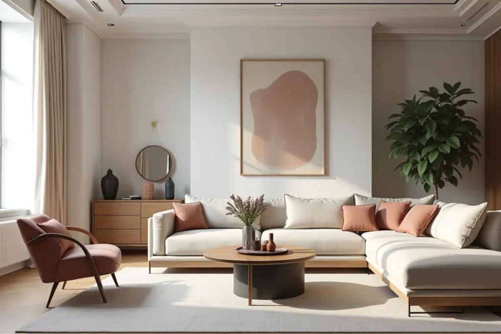 Sala elegante en tonos neutros con diseño equilibrado y sofisticado.