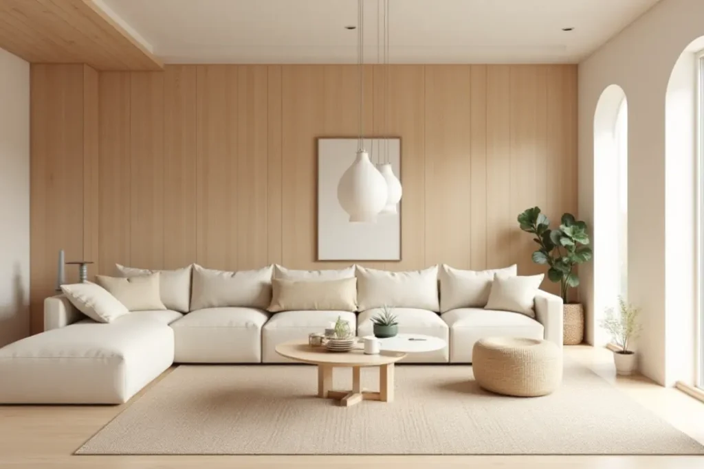 Sala minimalista cálida con madera clara y ambiente acogedor.