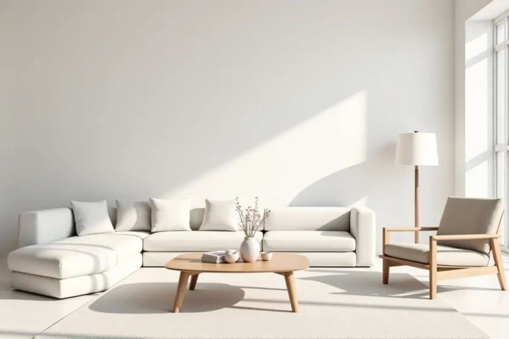 Sala minimalista funcional con muebles esenciales y orden visual.