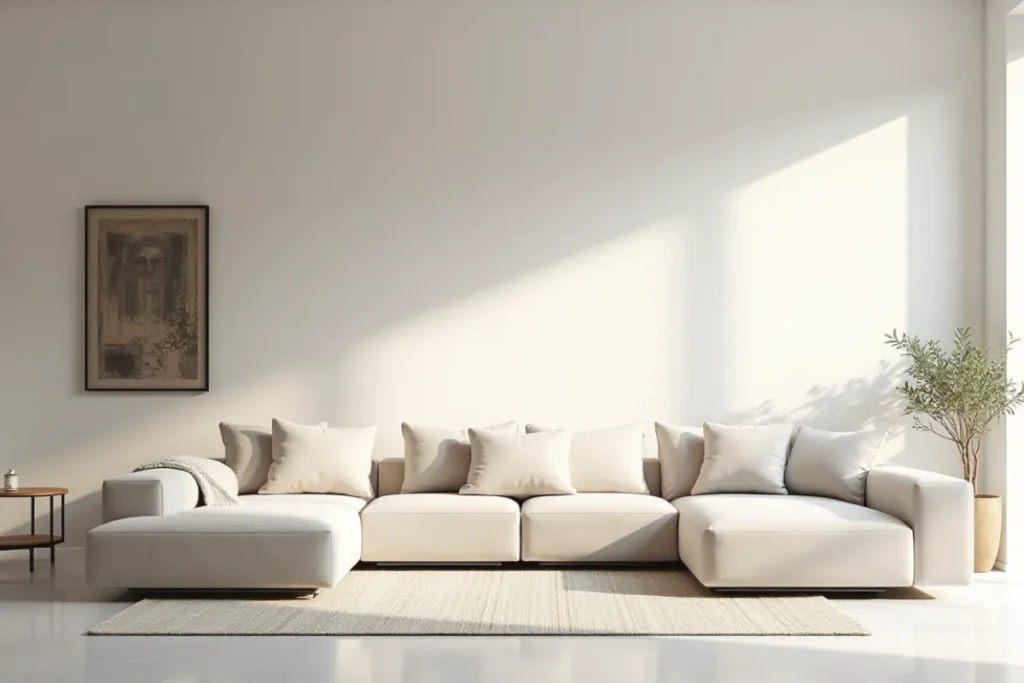 Sala minimalista luminosa con paredes blancas y diseño depurado.